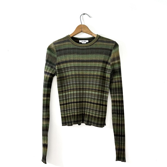 RE/DONE Long Sleeve Rib Crewneck Stripped Green Stretch - Size‎ M - Picture 1 of 7